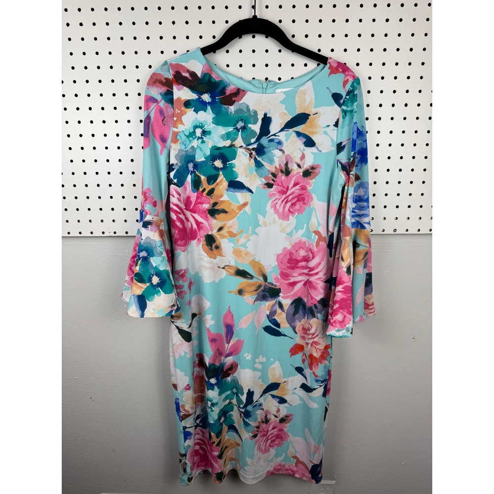 Calvin Klein Floral Bell Sleeve Sheath Dress Aqua Blue CD8AL33E Size 4